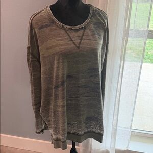 Z Supply Olive Camo Split Sides Intentional Distressed Trim Sweatshirt